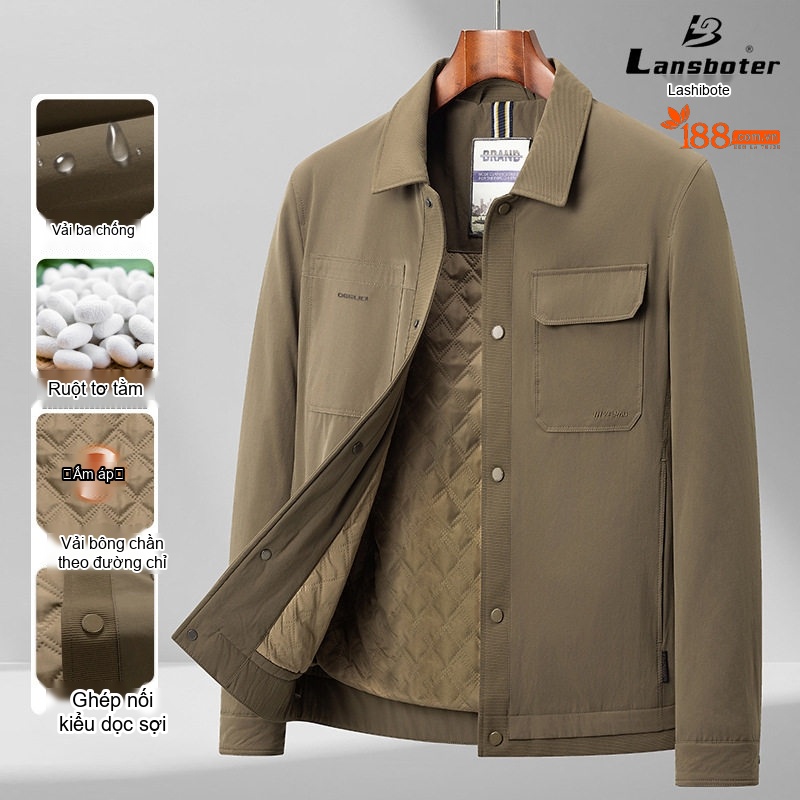 Áo Khoác Cotton Nam Tơ Tằm Chần Bông Dáng Ôm Vừa Màu Xanh Olive, Đen