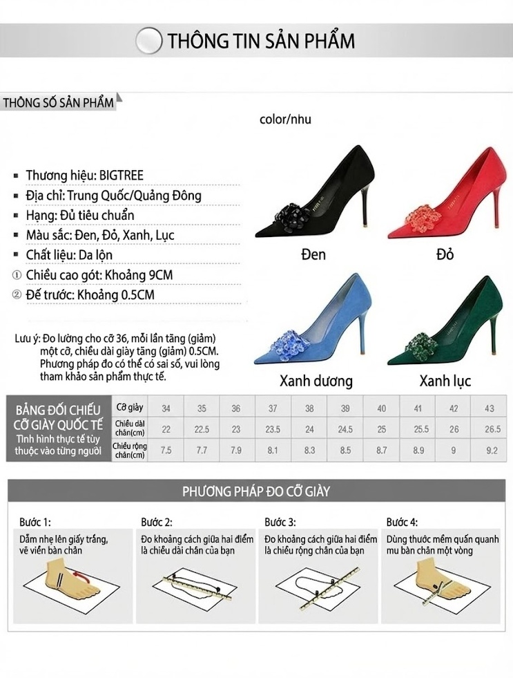 Giày Cao Gót Nữ Nỉ Mũi Nhọn Đính Đá Chiều Cao Đế Khoảng 7cm Màu Xanh Dương, Đỏ, Đen, Xanh Lá... chi tiết 1