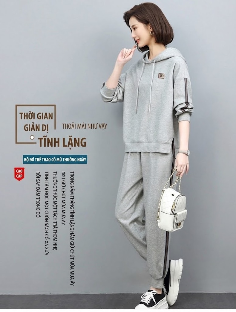Bộ Đồ Thể Thao Nữ Dệt Kim Thu Đông Áo Hoodie Quần Dài chi tiết 1