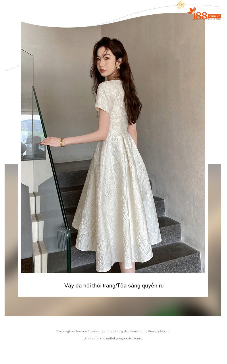 Váy Dạ Hội Nữ Tay Ngắn Dáng Xòe Tiểu Thư Phong Cách Pháp Màu Trắng Kem chi tiết 3