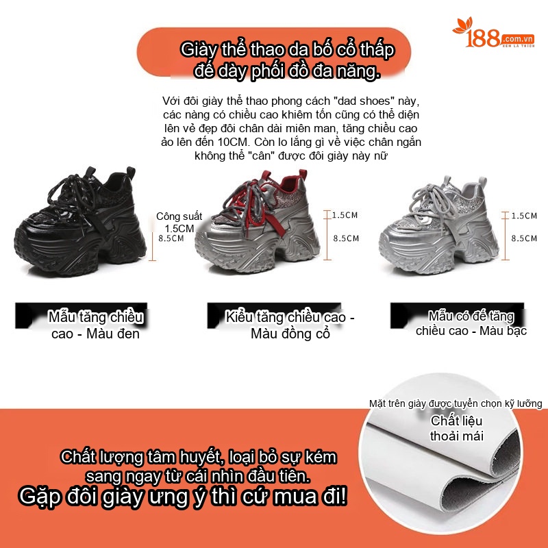 Giày Thể Thao Nữ Đế Bánh Mì Dây Buộc Chiều Cao Đế Khoảng 5.5cm Màu Đen, Xám, Trắng...