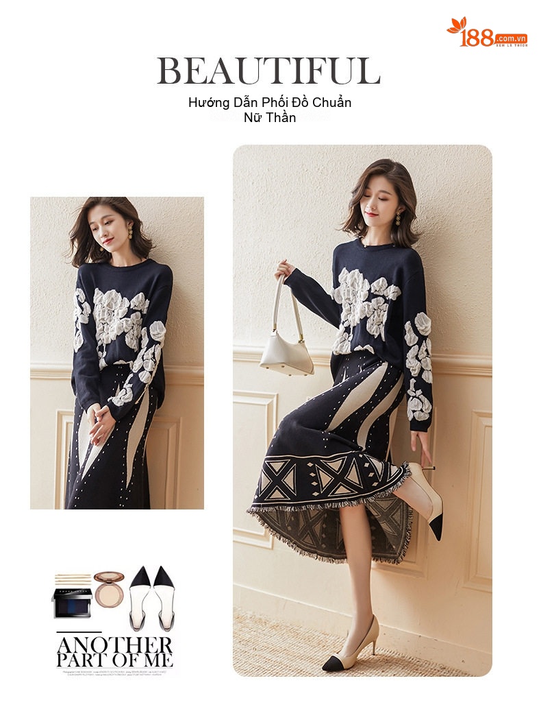 Set Áo Len Nữ Dệt Kim và Chân Váy Midi Họa Tiết Thời Trang Thu Đông Màu Đen chi tiết 6