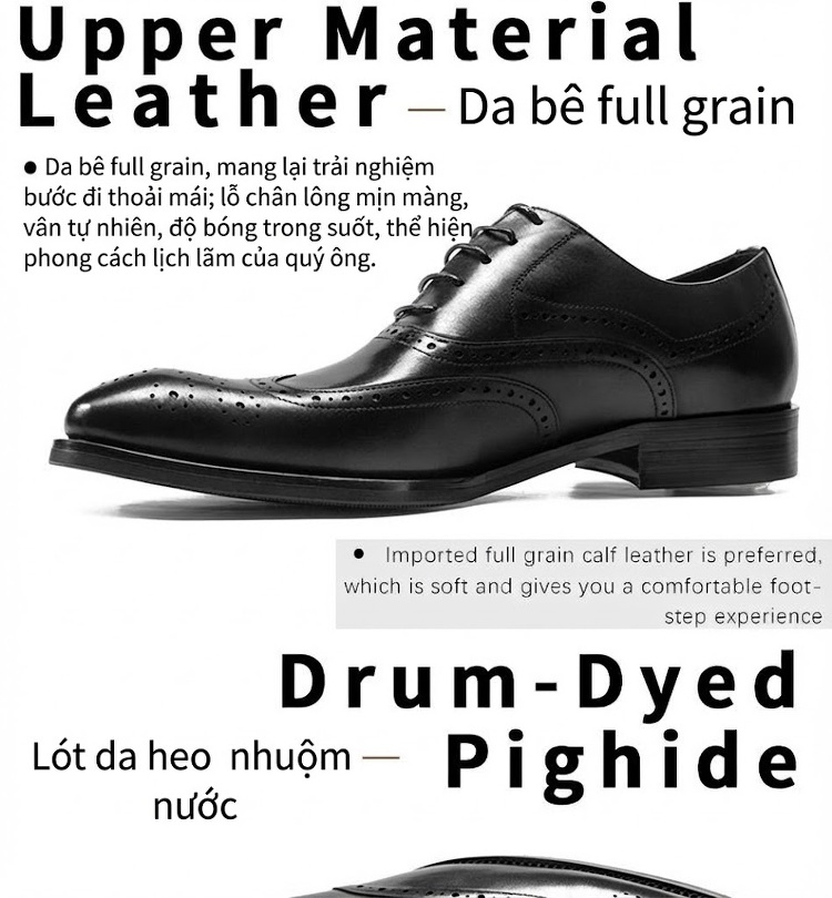 Giày Tây Buộc Dây Nam Da Bò Oxford Brogue Chiều Cao Đế Khoảng 3cm Màu Đen, Đỏ Rượu chi tiết 4