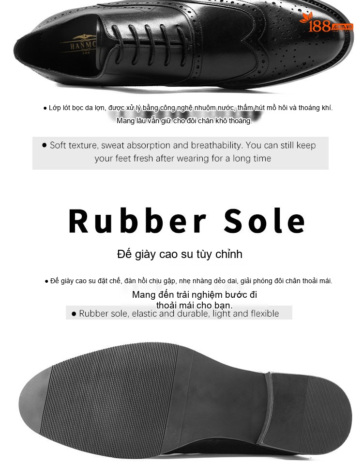 Giày Tây Buộc Dây Nam Da Bò Oxford Brogue Chiều Cao Đế Khoảng 3cm Màu Đen, Đỏ Rượu chi tiết 5