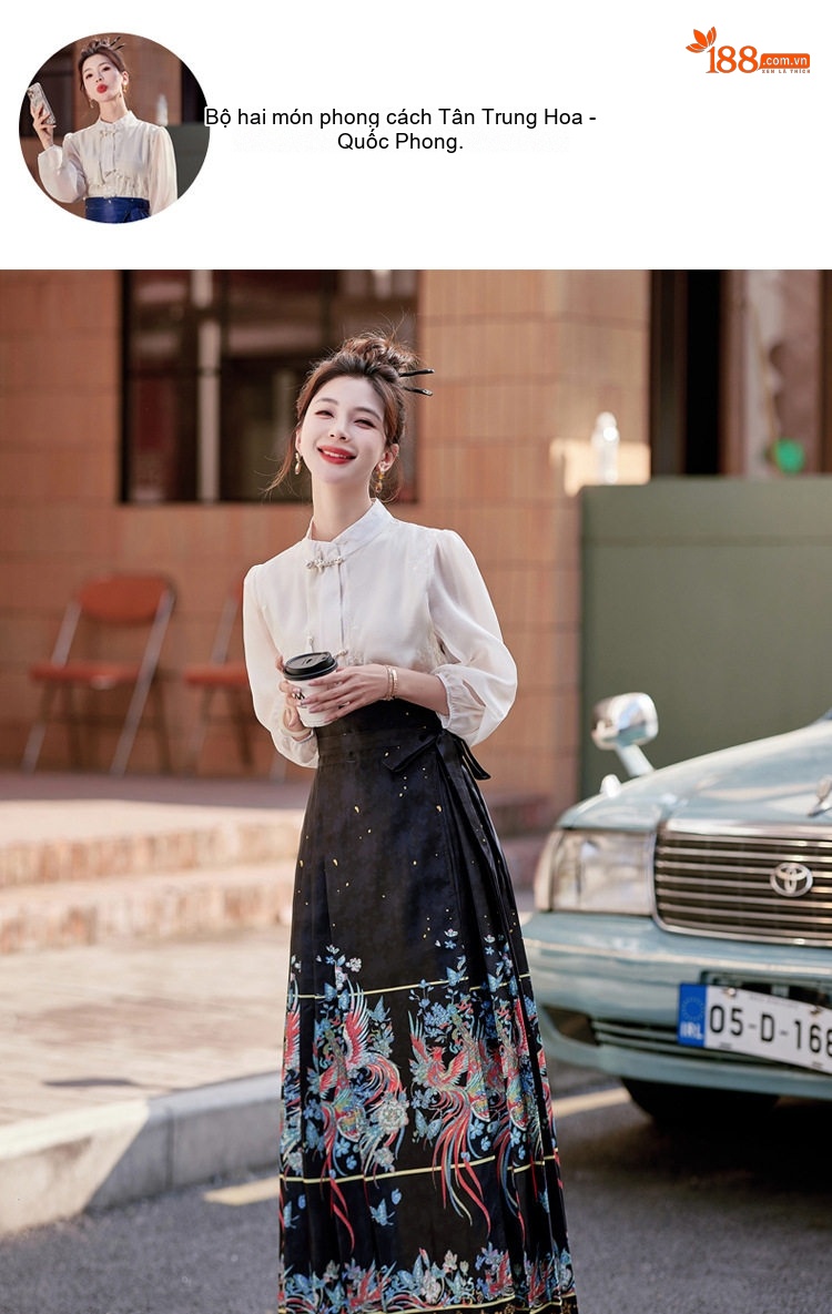 Set Áo Thêu Hoa Cổ Tàu Tay Lỡ và Chân Váy Mã Diện In Họa Tiết Phong Cách Trung Hoa chi tiết 6