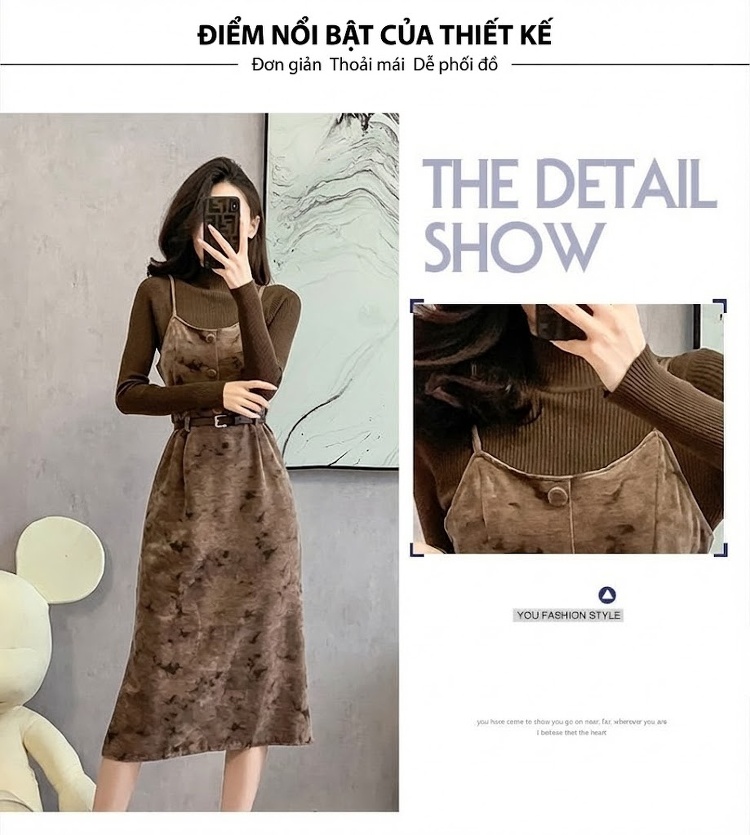 Set Áo Dệt Kim Cổ Lọ Tay Dài Và Váy Hai Dây Nữ Phong Cách Pháp Màu Nâu, Xám chi tiết 5