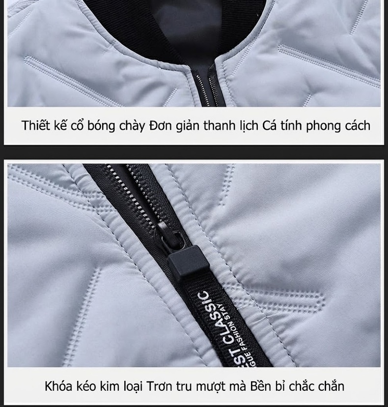 Áo Khoác Bông Nam Thu Đông Cổ Trụ Dáng Ôm Nhẹ Giữ Ấm Màu Đen, Xám, Xanh... chi tiết 16