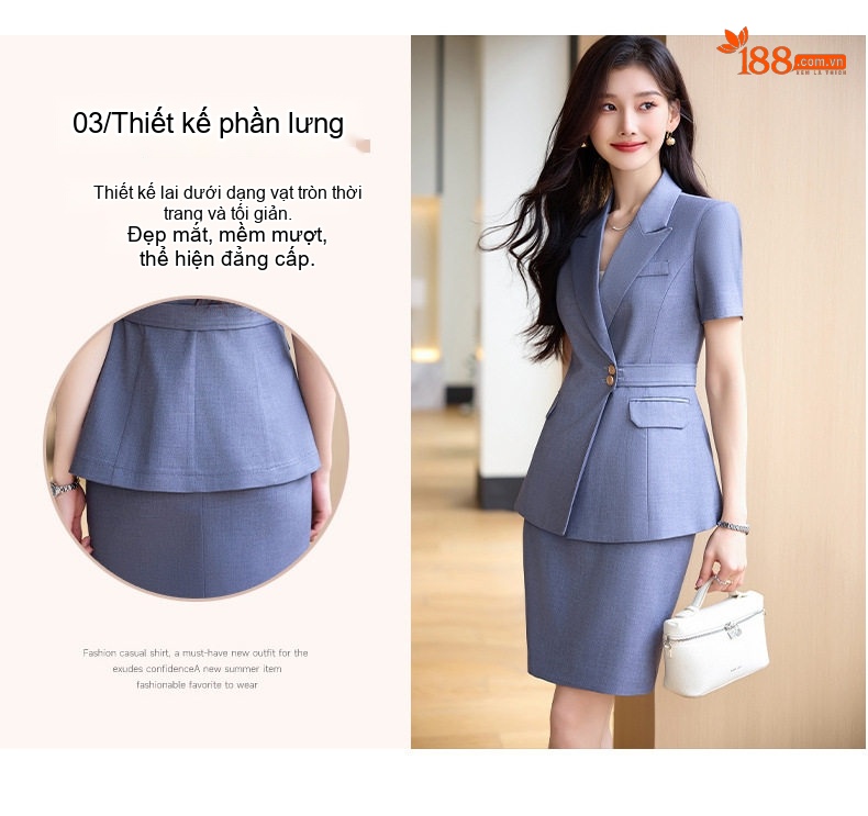 Bộ Vest Công Sở Nữ Tay Ngắn Áo Blazer Quần/Chân Váy Màu Xám, Đen, Xanh Dương chi tiết 7