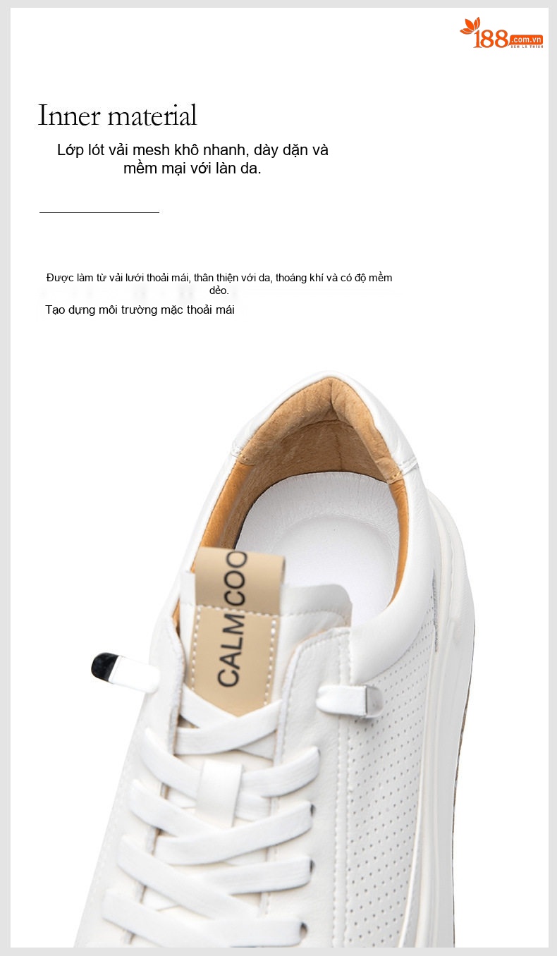 Giày Sneaker Nam Da Bóng Thoáng Khí Chiều Cao Đế Khoảng 4cm Màu Trắng chi tiết 8