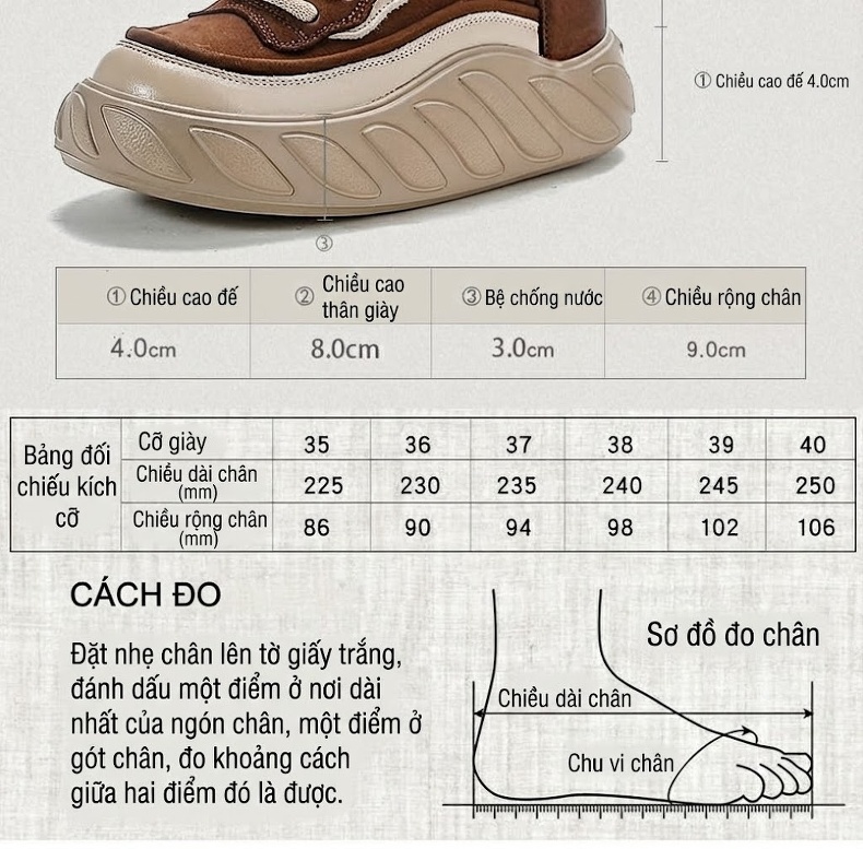 Giày Cao Cổ Nữ Da Bò Buộc Dây Chiều Cao Đế Khoảng 5cm Màu Nâu, Vàng chi tiết 4