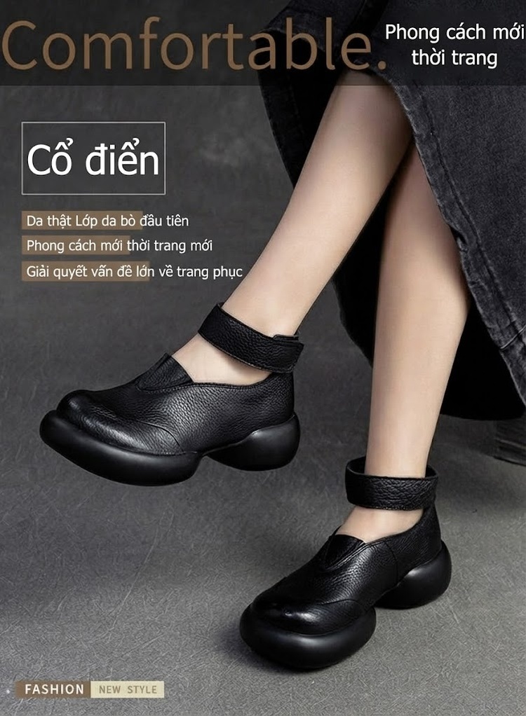 Giày Búp Bê Nữ Quai Dán Da Mờ Đế Bệt Chiều Cao Đế Khoảng 4cm Màu Đen, Nâu chi tiết 1