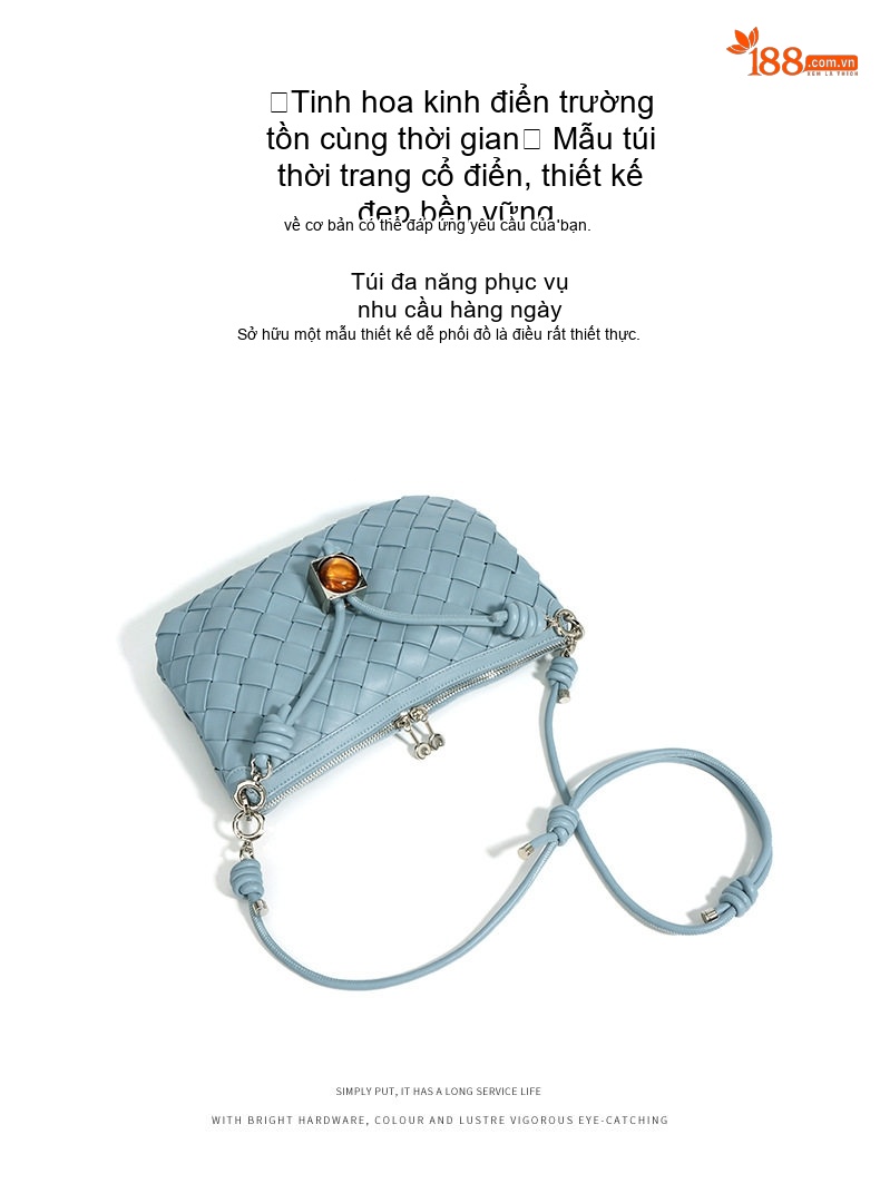 Túi Đeo Vai Nữ Mini Dây Rút Thủ Công Đan Dệt Bề Mặt Màu Đen, Bạc, Xanh, Trắng Kem chi tiết 7