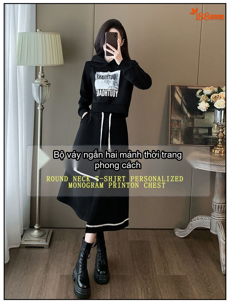 Set Bộ Áo Hoodie và Chân Váy Dáng Dài Lót Lông Màu Đen chi tiết 1