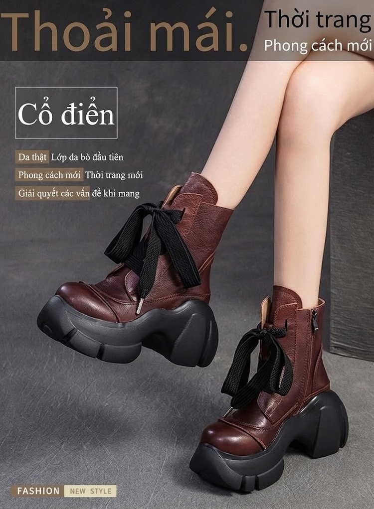 Boot Nữ Da Bò Cổ Cao Thắt Dây Phong Cách Âu Mỹ Chiều Cao Đế Khoảng 6cm Màu Đen, Nâu chi tiết 1