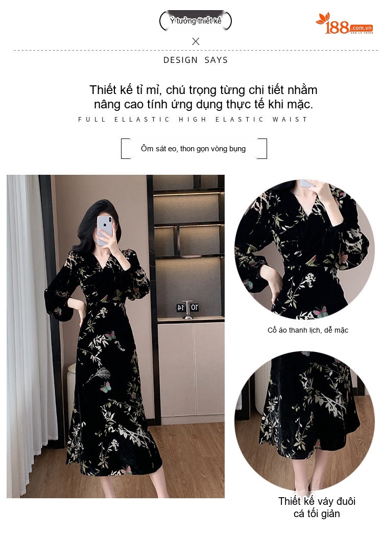 Váy liền thân Nữ Chất Nhung Tay Dài In Hoa Phong Cách Pháp Thu Đông Màu Đen chi tiết 3