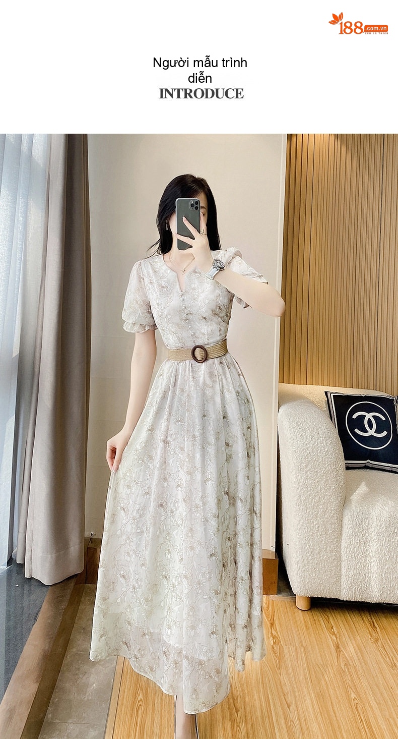 Váy Midi Nữ Tay Ngắn Họa Tiết Hoa Nhí Thắt Eo Phong Cách Pháp chi tiết 11