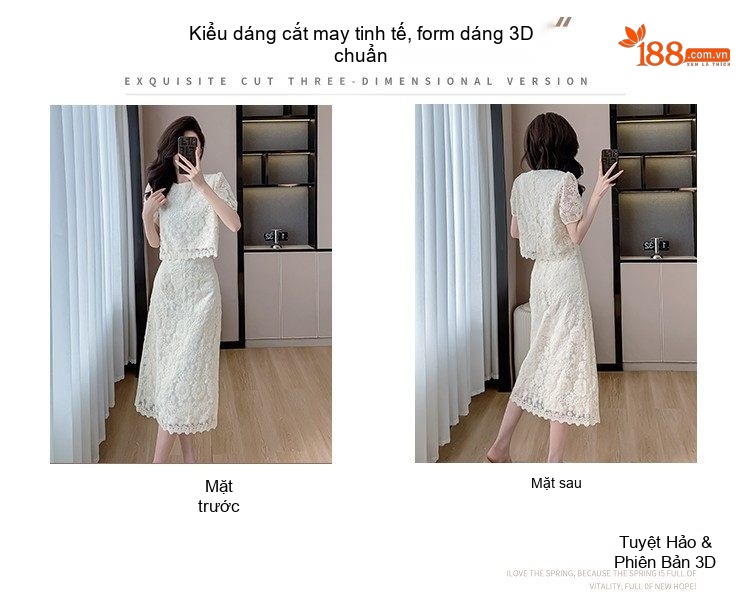 Set Áo và Chân Váy Ren Tiểu Thư Tay Ngắn Phong Cách Hàn Quốc Màu Trắng chi tiết 4