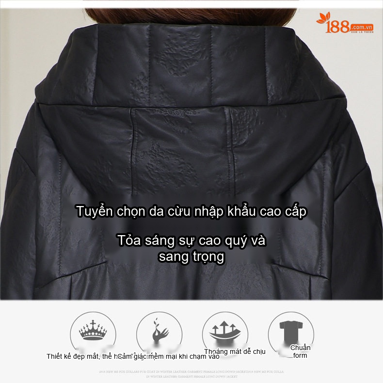 Áo Khoác Phao Nữ Da Cừu Dáng Dài Vừa Có Mũ Lót Lông Vũ Trắng Giữ Ấm Mùa Đông Màu Đen, Nâu chi tiết 2
