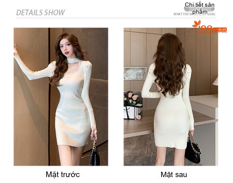 Váy Ôm Body Dệt Kim Đính Hạt Cổ Điển Tay Dài Màu Trắng Kem, Nâu, Đen chi tiết 3