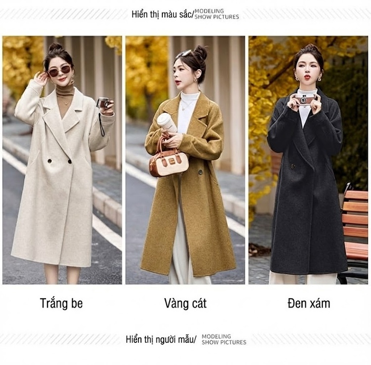 Áo Khoác Dạ Nữ Hai Mặt Dáng Dài Phong Cách Hepburn Màu Be, Nâu, Đen chi tiết 2