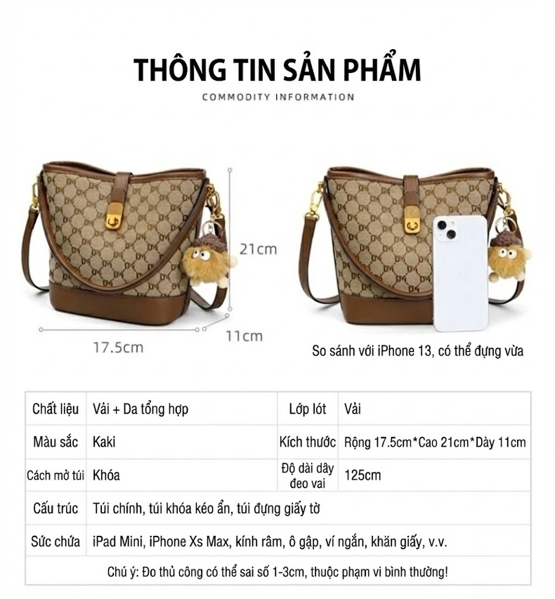 Túi Đeo Chéo Nữ Vải Họa Tiết Bucket Rộng Rãi Đeo Vai Đi Làm Hàng Ngày Màu Nâu chi tiết 6