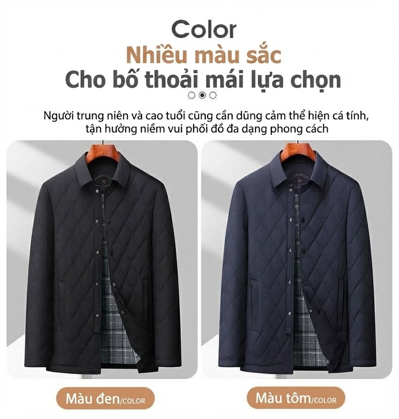 Áo Khoác Bông Nam Trung Niên Dáng Dài Vải Dệt Cổ Bẻ Màu Đen, Xanh Navy chi tiết 14