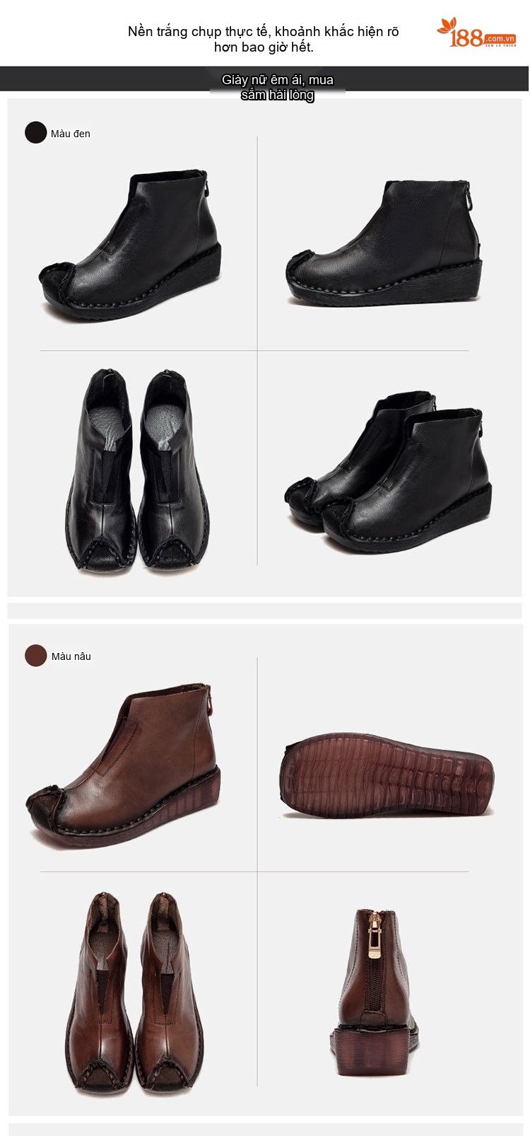 Boot Nữ Da Bò Cổ Ngắn Phong Cách Vintage Chiều Cao Đế Khoảng 3cm Màu Nâu, Đen chi tiết 14