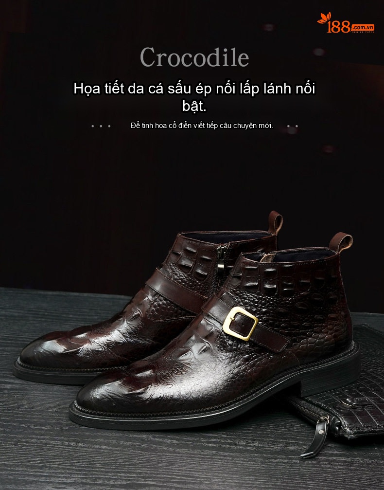 Boot Nam Da Thật Vân Cá Sấu Cổ Cao Khóa Hông Chiều Cao Đế Khoảng 3cm Màu Đen, Nâu chi tiết 1