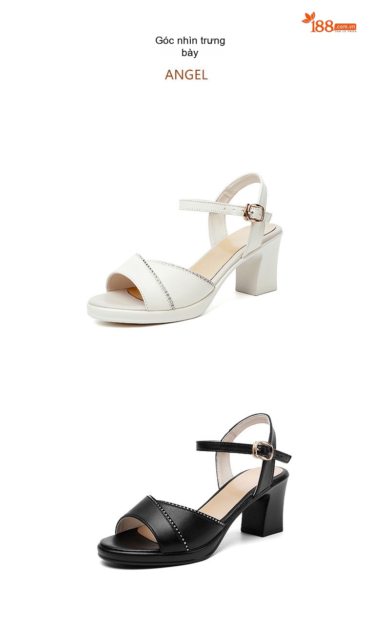 Giày Sandal Cao Gót Nữ Quai Ngang Gót Vuông Da Mềm Gót Cao 7cm - 8cm Màu Đen, Trắng chi tiết 27