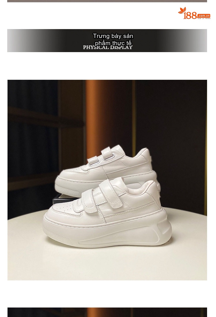 Giày Sneaker Nữ Da Bò Ma Thuật Dán Đế Cao 6cm Màu Trắng chi tiết 6