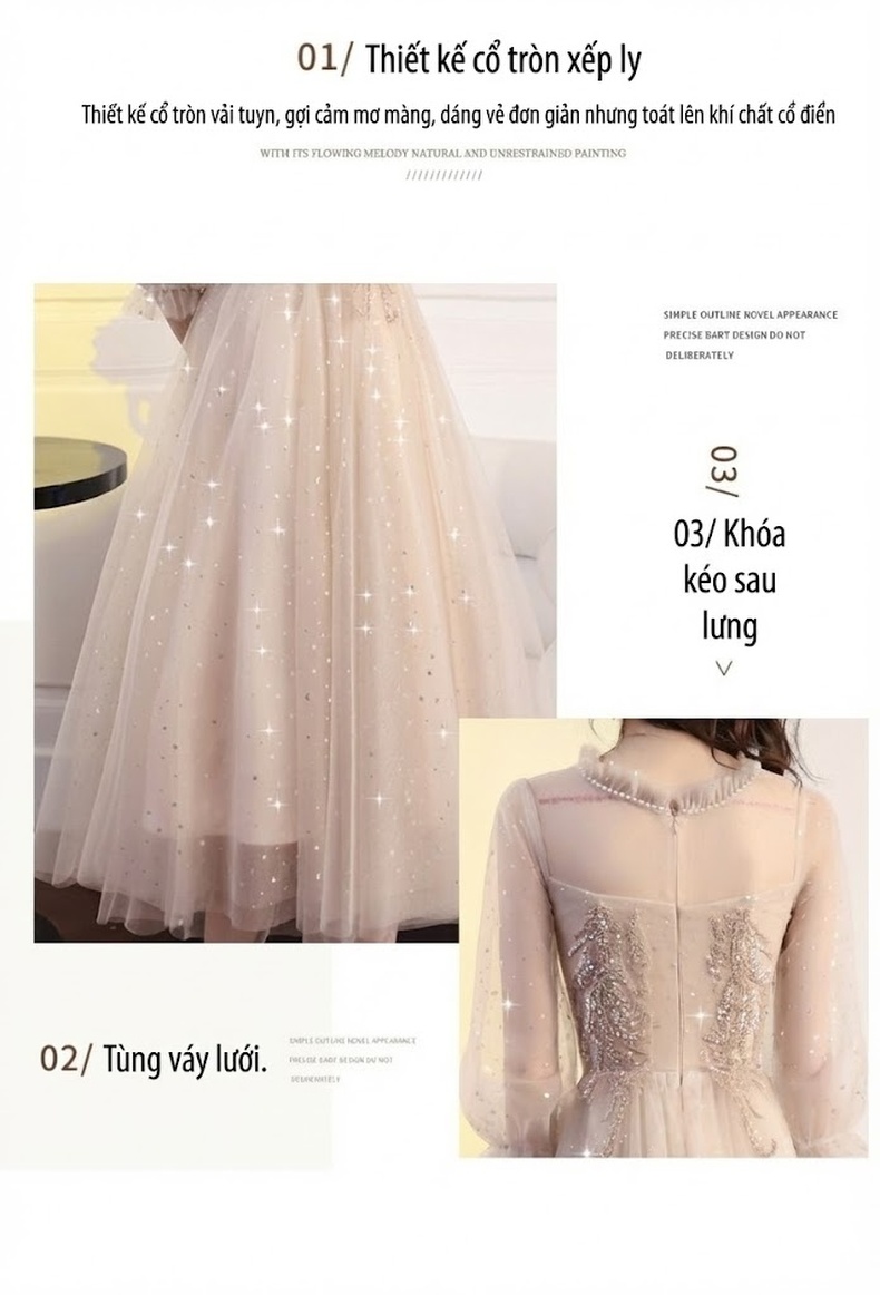 Váy Dự Tiệc dáng chữ A Tay Lỡ Chất Voan Thêu Hoa Phong Cách Tiên Nữ Màu Be, Đỏ chi tiết 4