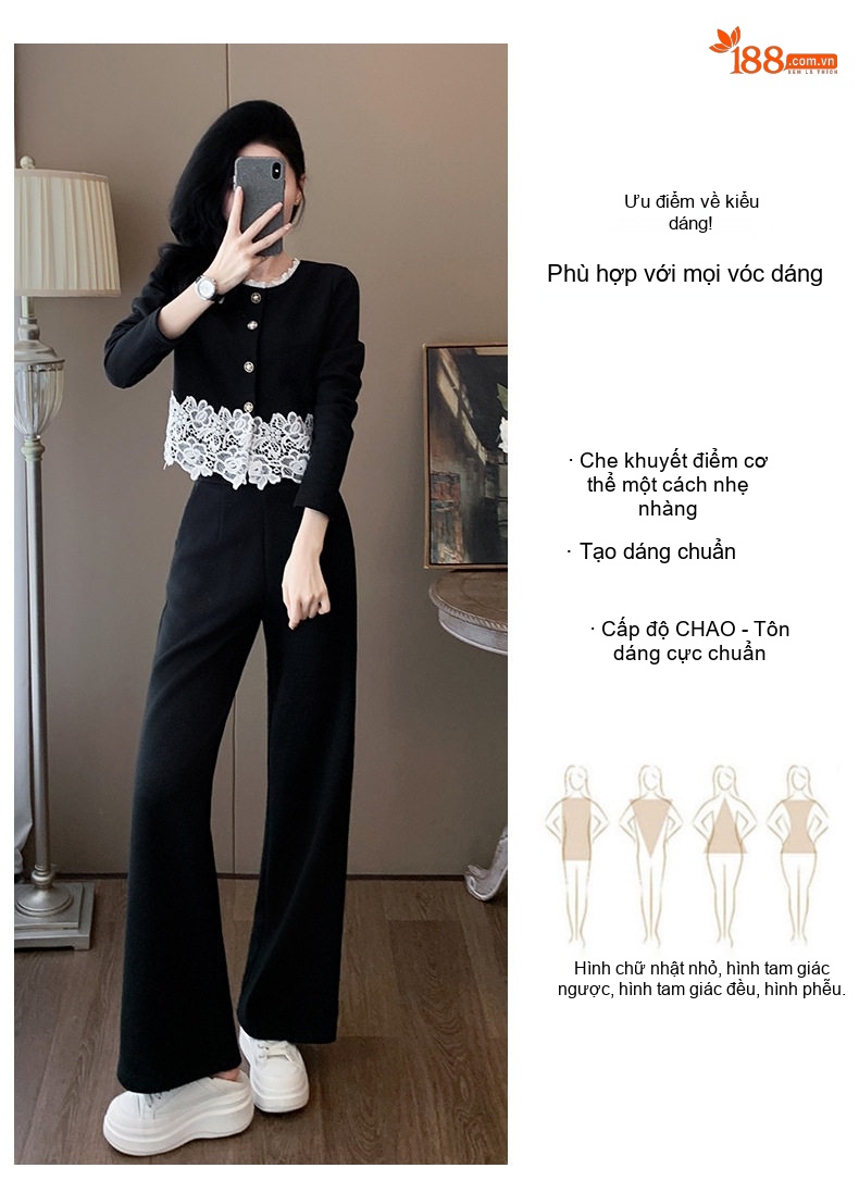 Set Bộ Quần Áo Dài Tay Thu Đông Phong Cách Tiểu Thư Thanh Lịch Màu Đen chi tiết 2