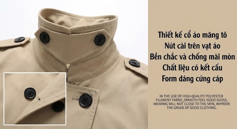 Áo Khoác Gió Nam Cổ Bẻ Ve Lật Khuy Cài Phong Cách Doanh Nhân Trẻ Màu Be, Xanh Navy, Đen chi tiết 7