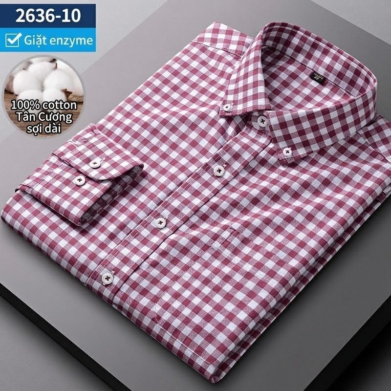 Áo Sơ Mi Nam Tay Dài Cotton Oxford Giặt Nước Kẻ Caro Mặc Đơn Giản Lót Trong Công Sở Màu Trắng, Xanh Dương, Xám, Hồng...