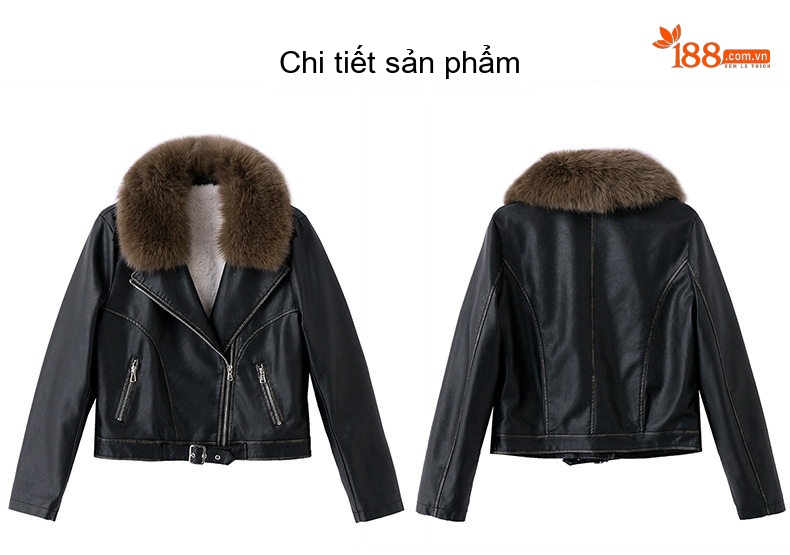 Áo Khoác Da PU Nữ Lót Lông Cổ Lông Dày Dặn Kiểu Motor Màu Đen, Nâu chi tiết 33