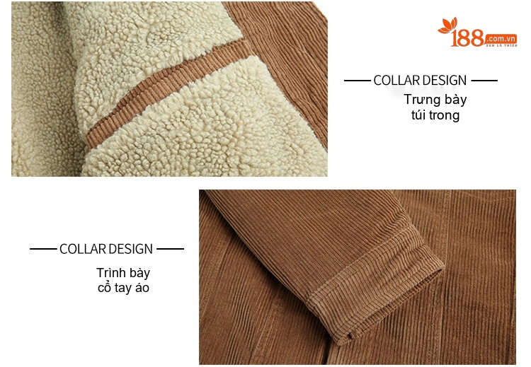 Áo Khoác Bông Nam Cotton Gân Tăm Lót Lông Cổ Tay Ngắn Màu Nâu, Đen, Xám chi tiết 15