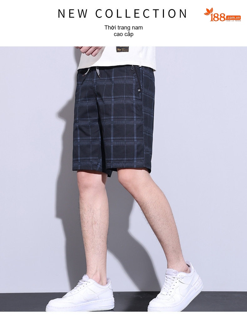 Quần Short Nam Ống Lửng Thể Thao Lưới Caro Dáng Suông Màu Xanh Rêu, Xanh Navy chi tiết 1