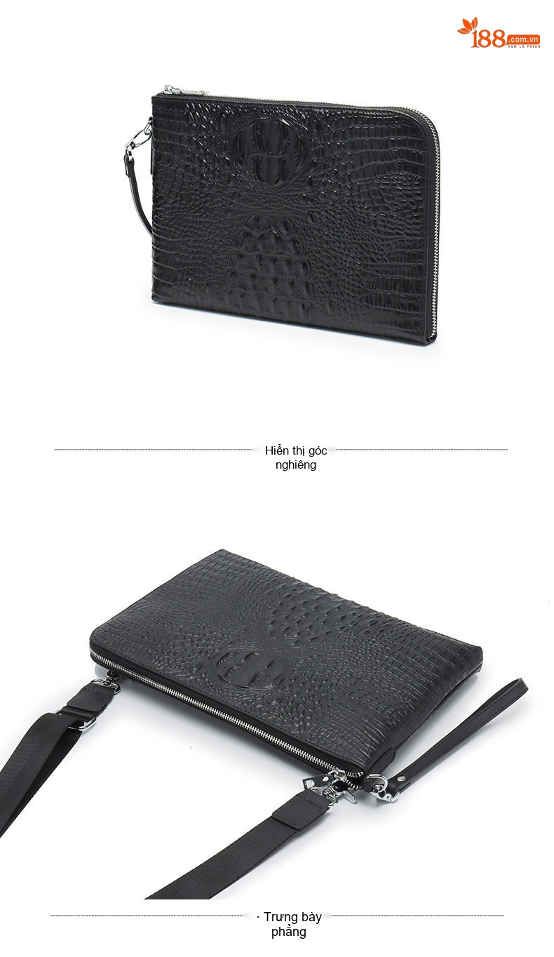 Túi Clutch Nam Da Bò Vân Cá Sấu Cầm Tay Đeo Chéo Đựng Tài Liệu Công Sở Màu Đen chi tiết 5