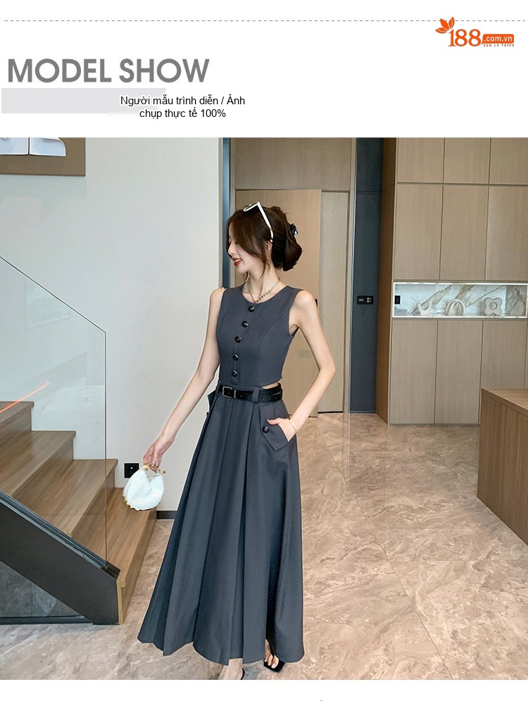 Váy liền thân Nữ Không Tay Thiết Kế Áo Vest Giả Kèm Chân Váy Xếp Ly Màu Xám, Đen chi tiết 8