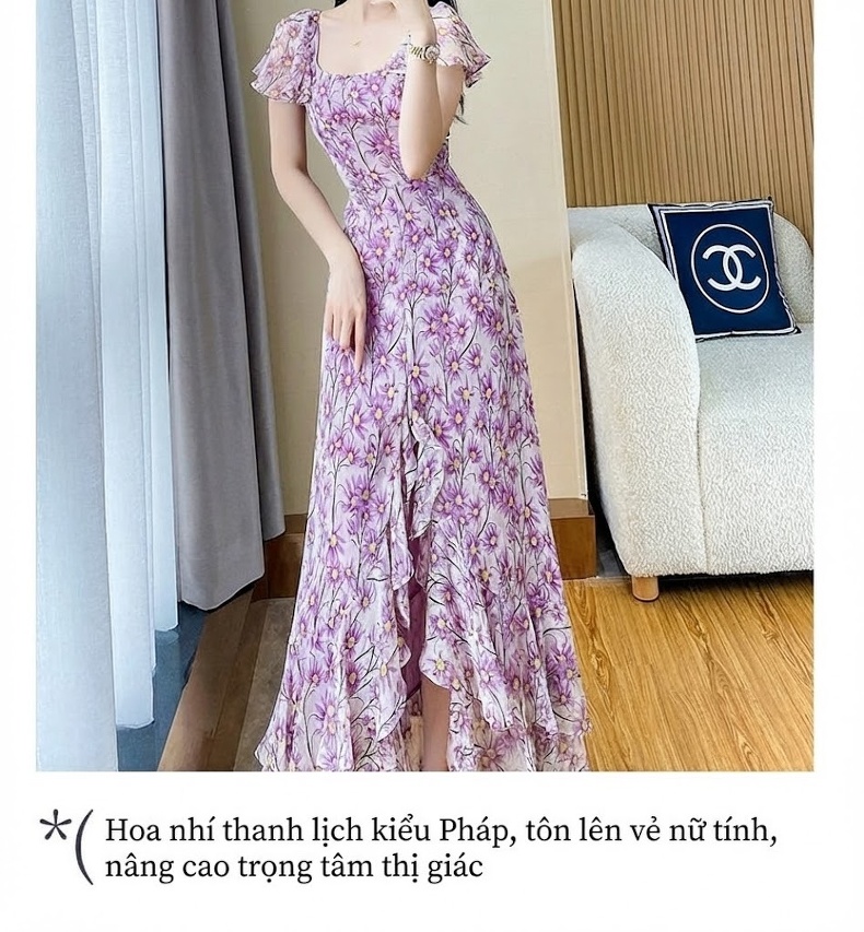 Váy liền thân Nữ Hoa Nhí Bèo Nhún Dáng Dài Xẻ Tà Chất Liệu Voan Màu Tím chi tiết 3