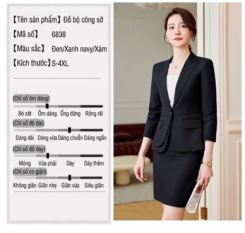 Bộ Vest Công Sở Nữ Thu Đông Dáng Ôm Thanh Lịch Màu Xám, Xanh Navy, Đen chi tiết 6