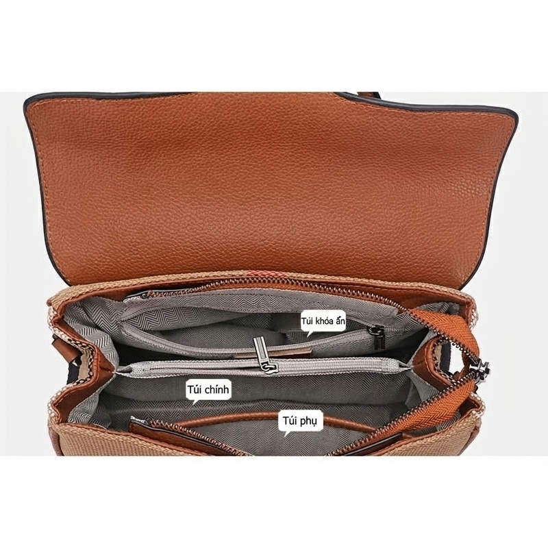 Túi Tote Nữ Da Bò Kết Hợp Vải Bố Họa Tiết Kẻ Sọc Thời Trang Màu Nâu Caramel