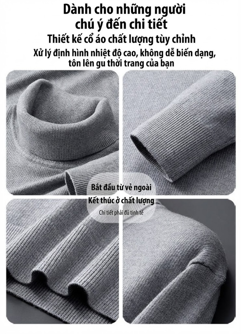 Áo Len Cổ Cao Nam Dệt Kim Lót Lông Cừu Màu Xám, Nâu, Vàng, Trắng... chi tiết 12