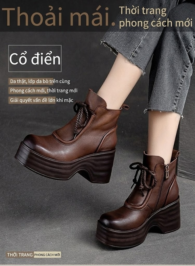 Boot Nữ Da Bò Cổ Ngắn Khóa Bên Hông Chiều Cao Đế Khoảng 8cm Màu Đen, Nâu chi tiết 1