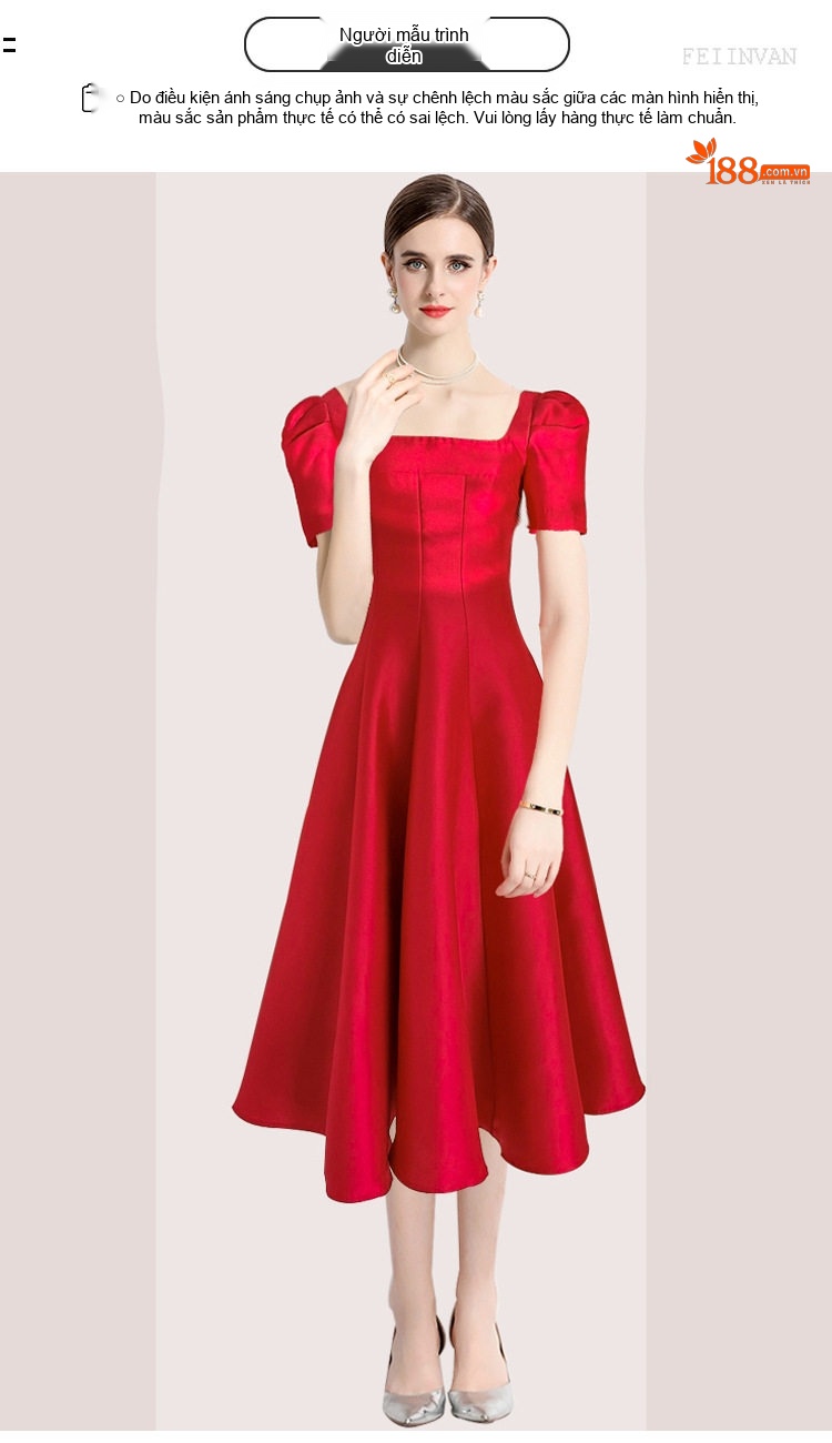 Váy Dự Tiệc dáng chữ A Tay Bồng Cổ chữ Vuông Phong Cách Pháp Màu Đỏ chi tiết 4