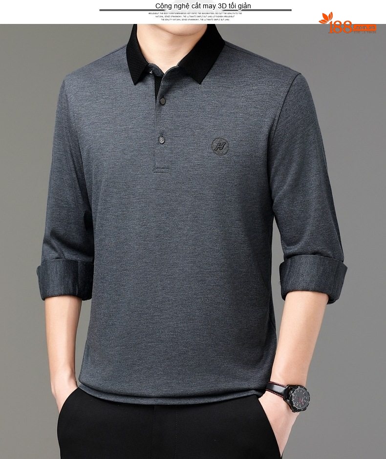 Áo Thun Polo Nam Tay Dài Cashmere Cổ Bẻ Phong Cách Doanh Nhân Màu Đen, Xám, Xanh Navy chi tiết 11