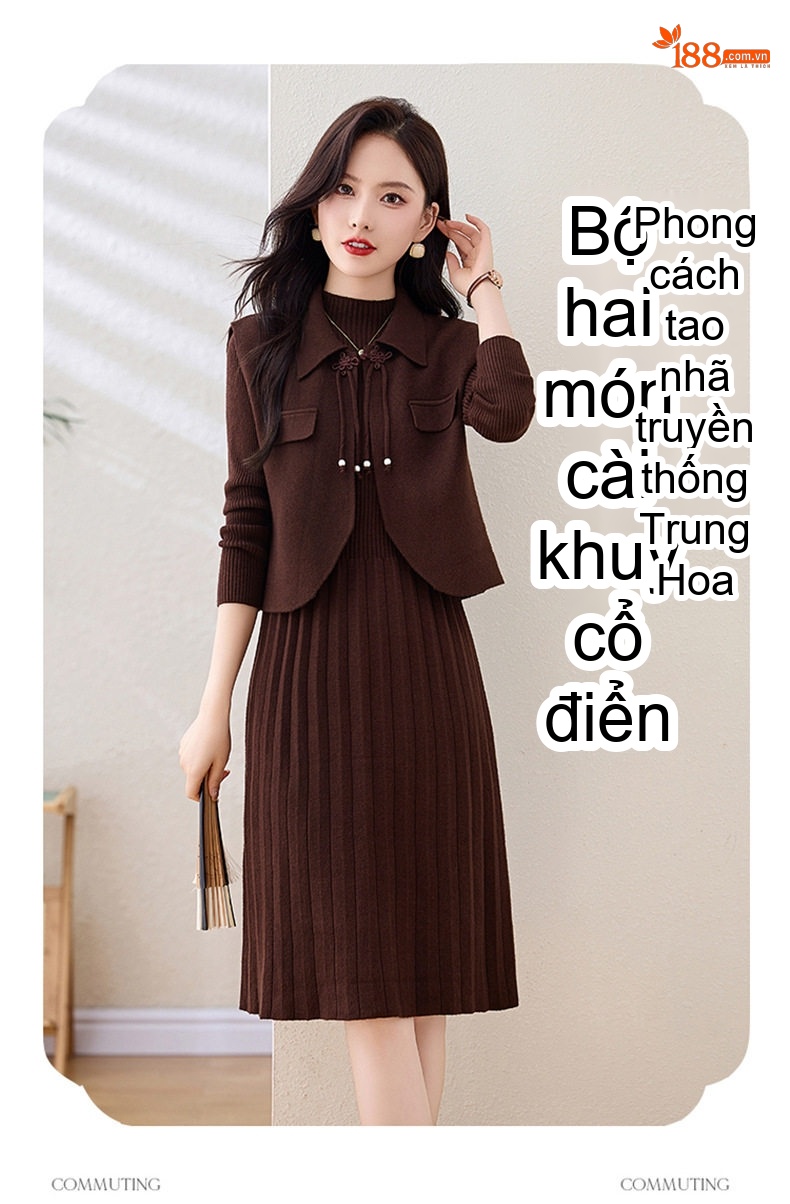 Váy Dệt Kim Dáng Ôm Thiết Kế Tay Dài Kèm Áo Khoác Gilê Bộ Hai Chiếc Màu Nâu, Be, Đỏ Rượu chi tiết 5
