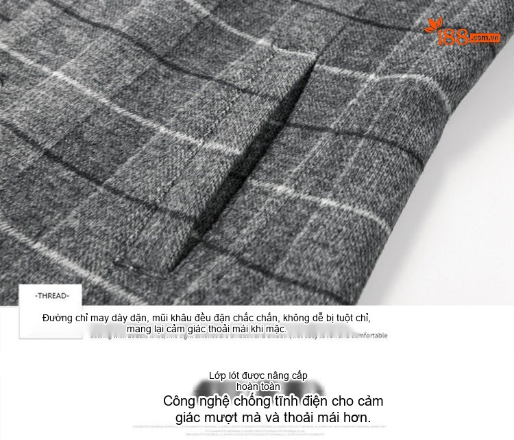 Áo Khoác Dạ Nam Dáng Dài Vừa Cổ chữ Vest Họa Tiết Kẻ Ô Màu Xám, Nâu chi tiết 6