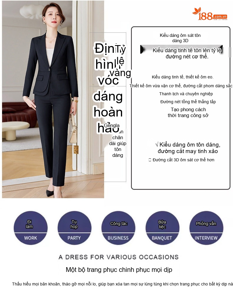 Bộ Vest Công Sở Nữ Thu Đông Dáng Ôm Thanh Lịch Màu Xám, Xanh Navy, Đen chi tiết 3