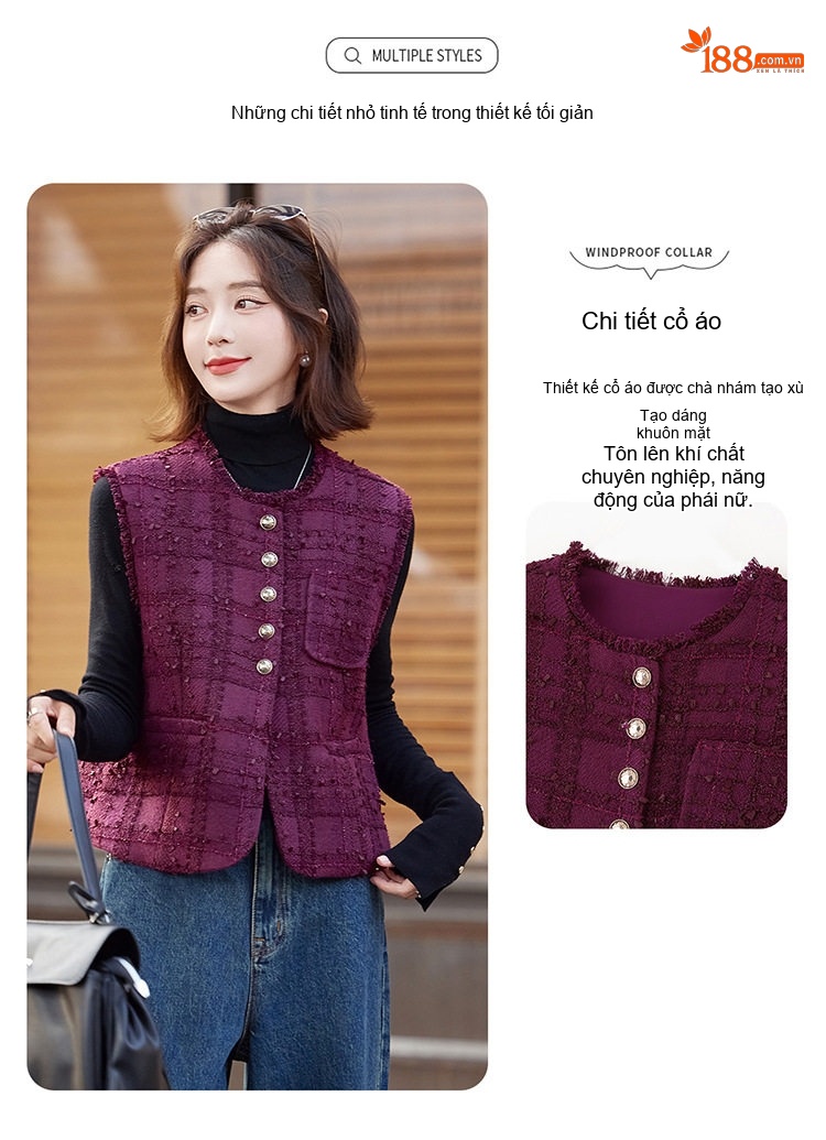 Áo Gile Nữ Tiểu Hương Thu Đông Không Tay Màu Đỏ Tía, Đen chi tiết 13